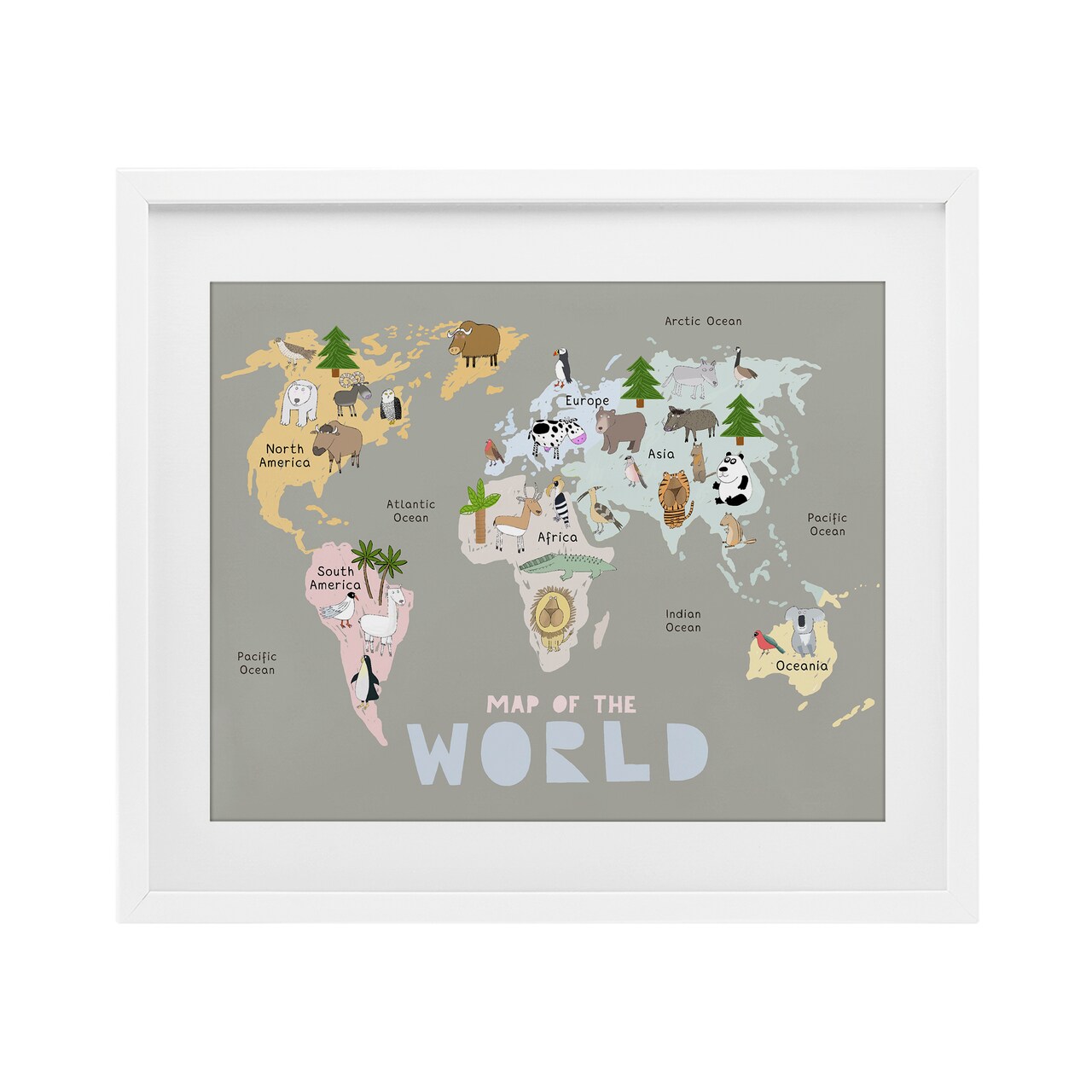 Stupell Industries Kid's Map Of World Grey Framed Print Under Glass, design by Carla Daly